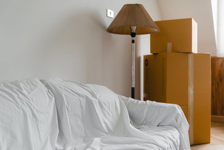 A woman with curly brown hair, wearing a grey long-sleeved top, is inside a property holding a large cardboard moving box labeled with a red 'H' and tape sealing the sides, as part of a home relocatio